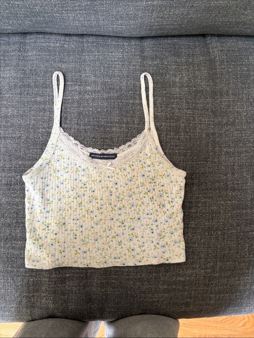 Brandy Melville Cream Floral Lace-Trim Ribbed Cami with Blue & Green Print